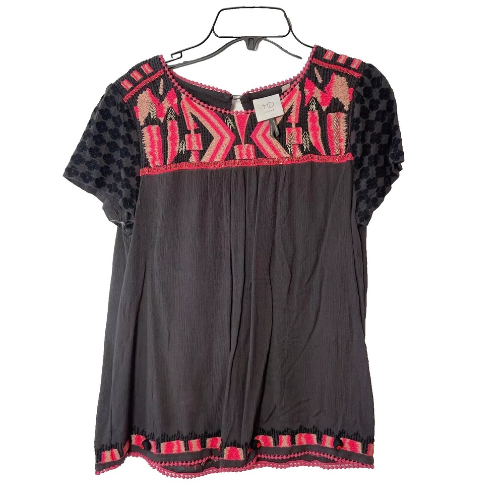 HD In Paris Embroidered Patchwork Short Sleeve Blouse Womens 6 Brown Bohemian